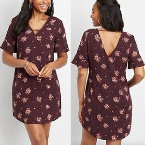 MAURICES Floral Bar Back Shift Dress Plum Purple Multi Short Sleeve Mini Fall S